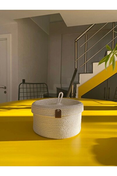 Sevdam Sepet Cream Color Small Size Multi-Purpose Basket with Lid, Cotton Basket, decorative Basket, wicker Basket, rope Basket