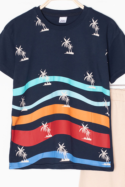 Cansın Mini Синій комплект з велосипедним коміром і шортами для хлопчиків з пальмовим візерунком 20627