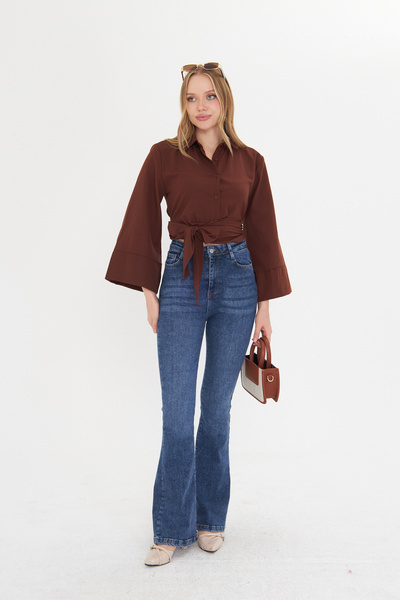 THIFF GYMWEAR Дамска кафява риза от поплин с широки ръкави и завързване отпред