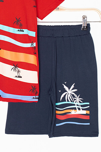 Cansın Mini Red Palm Patterned Crew Neck Boy's Shorts Suit 20623