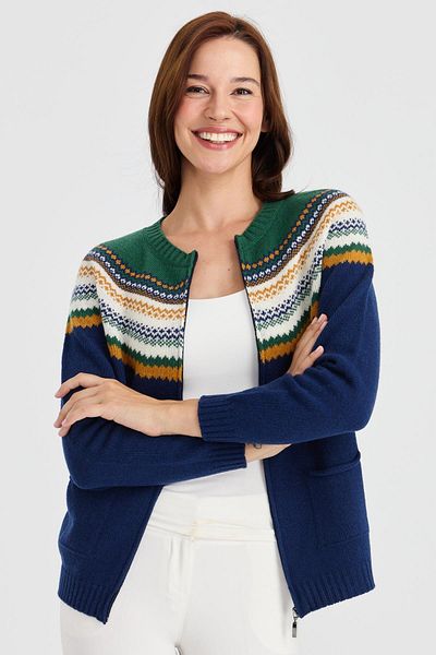Desen Triko Robă de damă cu gât roșu cardigan din lână jacquard Indigo
