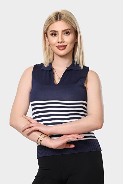 NEWCO Λευκή ριγέ μπλούζα πόλο γιακά αμάνικο πλεκτό