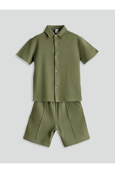 LC Waikiki Lcw Kids Khaki Basic Boys Cotton Shirt and Shorts Pack of 2