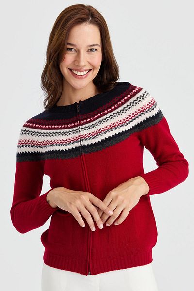 Desen Triko Women's Crew Neck Robe Jacquard Wool Cardigan Red.