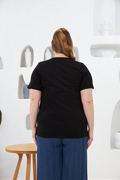 RMG Stone Embroidered Cherry Pattern Large Size T-Shirt Black