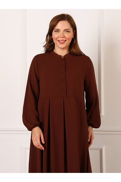 ALİA Chief Collar Button Detailed Large Size Aerobin Dress - Bitter Brown - Alia