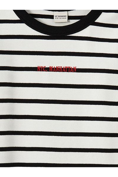 LC Waikiki Lcw Kids Black Striped Nyc Embroidery Girls' Short Dress