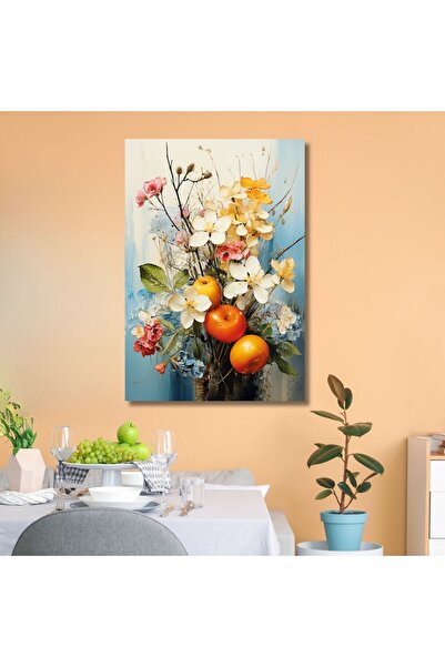Şehzat Tekli Dikey Kanvas Mutfak Tablosu Renkli Meyve ve Çiçek Tasarım