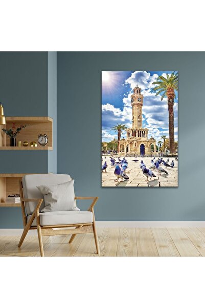 Şehzat Tekli Dikey Kanvas Duvar Tablosu İzmir Saat Kulesi ve Kuşlar