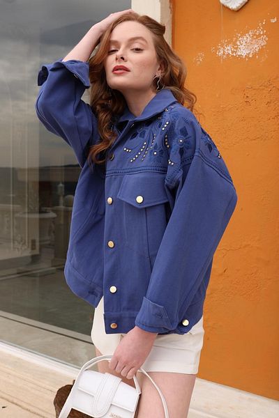 FEMELLE Jachetă oversize din denim gabardină bleumarin pentru femei, cu broderie, cu detaliu de picătură