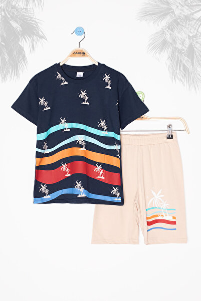 Cansın Mini Синій комплект з велосипедним коміром і шортами для хлопчиків з пальмовим візерунком 20627