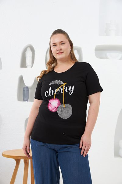 RMG Stone Embroidered Cherry Pattern Large Size T-Shirt Black