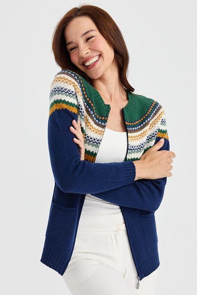 Desen Triko Robă de damă cu gât roșu cardigan din lână jacquard Indigo