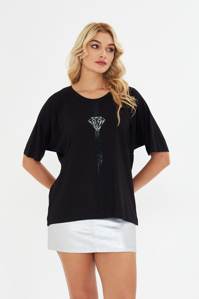 MODA Black Diamond Pattern Stone Embroidered Short Sleeve Lycra Women's Combed Cotton Blouse