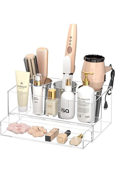 Generic Hair Tool Organizer, Clear Acrylic Hair Dryer & Styling Organizer With Drawer For Vanity