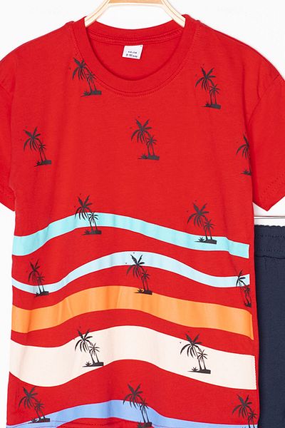 Cansın Mini Red Palm Patterned Crew Neck Boy's Shorts Suit 20623