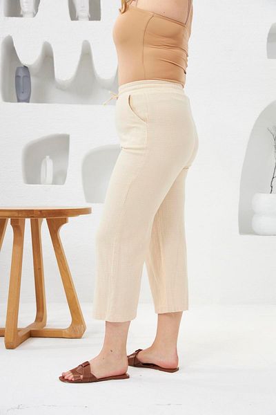 RMG Wide Leg Large Size Cotton Trousers Capri Cream