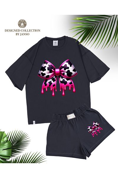 JANSO GROUP -Women's Short Sleeve Bow Printed Tshirt-Shorts 2-Piece Set Large Size Oversize Cotton