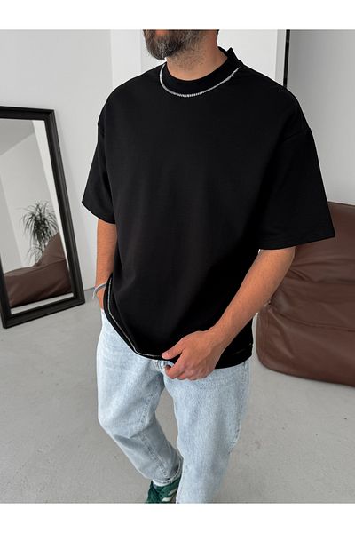 BYBASICMAN Black Wide Collar Stitched Oversize T-Shirt Bs-010