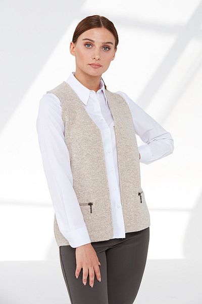 Desen Triko Women's Steel Knit Pocket Zippered Plain Knitwear Vest V.beige