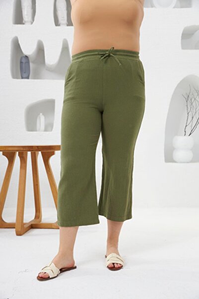 RMG Wide Leg Large Size Cotton Trousers Capri Khaki