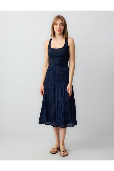 Jimmy Key Navy Blue Relaxed Cut High Waist Cotton Woven Midi Skirt