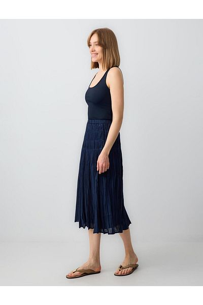 Jimmy Key Navy Blue Relaxed Cut High Waist Cotton Woven Midi Skirt
