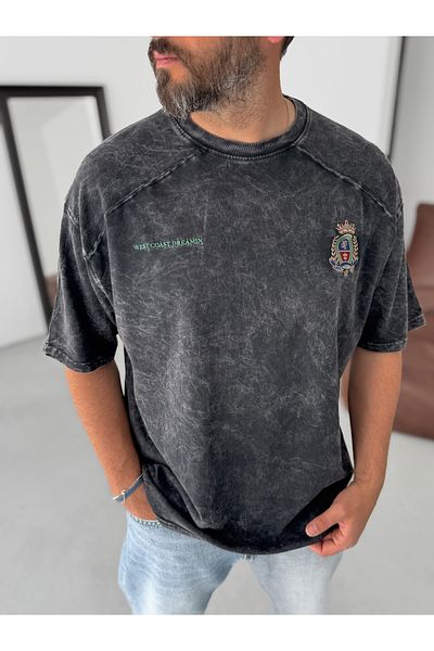 BYBASICMAN Black Crest Embroidered Washed Oversize T-Shirt Jj-307