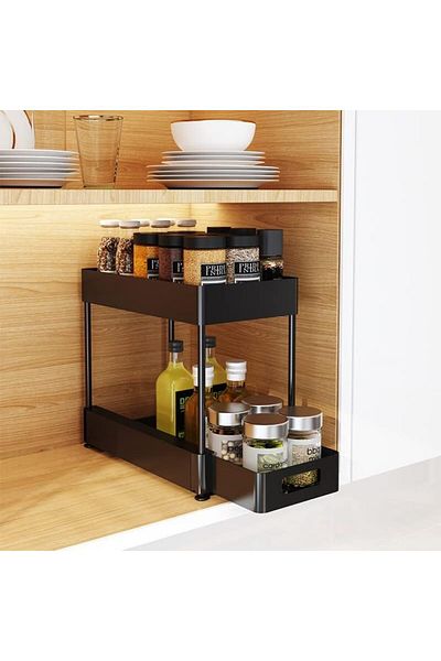 Quasar & Co. Storage Shelf, 2 Compartments, Sliding, Tiered, Abs/metal, 39x21.5x33 Cm, Black