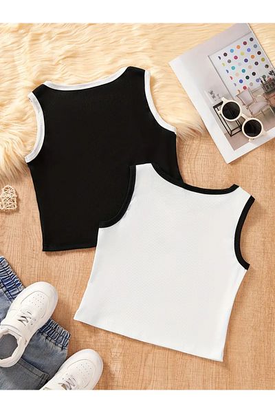 npLStore Set de 2 tricouri crop cu bretele imprimate cu panglică pentru copii