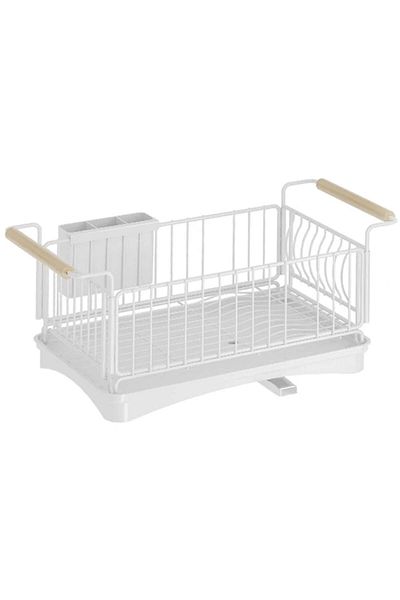 Quasar & Co. Dish Drainer ®, with Cutlery Holder, Wooden Handles, Draining Tray, Metal, 42x30 Cm, White