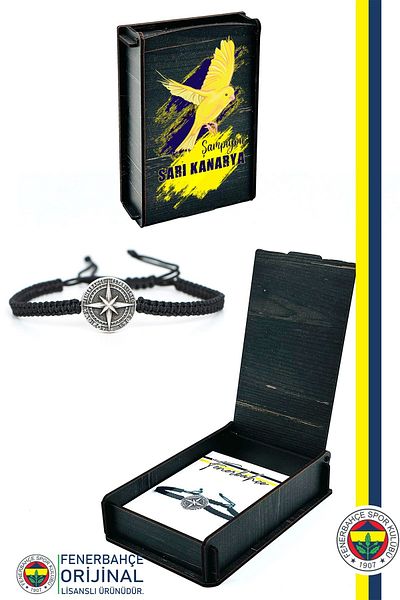 Fenerbahçe Original Licensed Star Macrame Bracelet Canary Printed Gift with Wooden Box