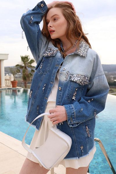 FEMELLE Jachetă de blugi premium oversize din denim 100% bumbac brodat cu paiete