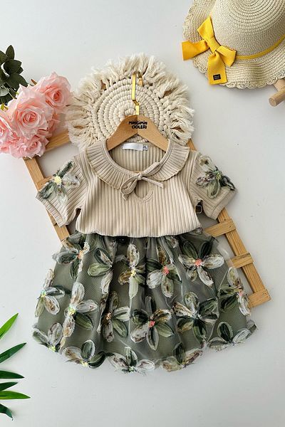 Minigimin Cicileri My Little One's Ciceler Skirt Lily Patterned Colorful Sequined Girl's 2 Piece Set - Green