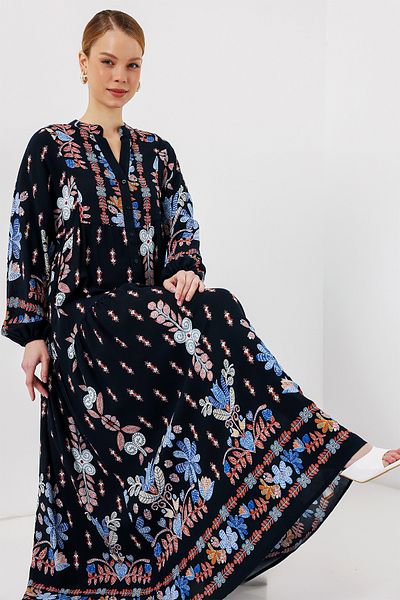 Bigdart 2423 Φόρεμα Hijab με αυθεντικό σχέδιο - Μαύρο - Μπλε