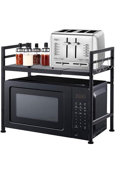 Quasar & Co. Metal Microwave Oven Shelf ®, Adjustable, Organizer, 44-66x32x48 Cm, Black