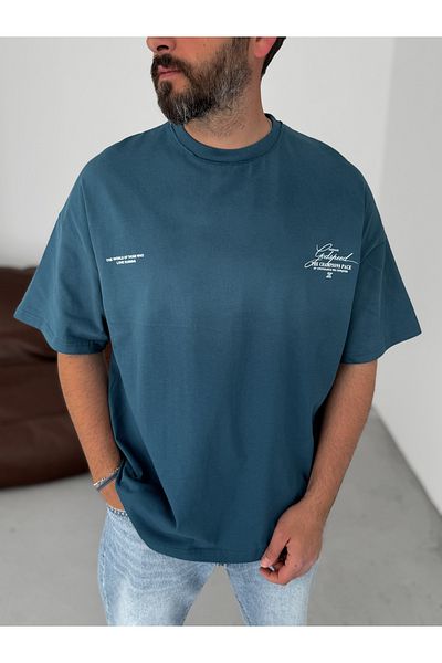 BYBASICMAN Petrol Blue Godspeed Printed Oversize T-Shirt Jj-106