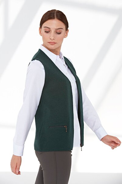 Desen Triko Women's Steel Knit Pocket Zippered Plain Knitwear Vest Green