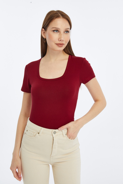 LAENT بلوزة نسائية ذات ياقة مربعة وأكمام قصيرة باللون العنابي