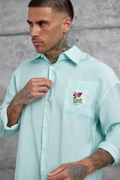 NOMARC Πουκάμισο Oversize από ύφασμα Modal με Τυρκουάζ ρίγες