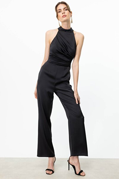 Ekol Sleeveless Satin Jumpsuit Dress Black