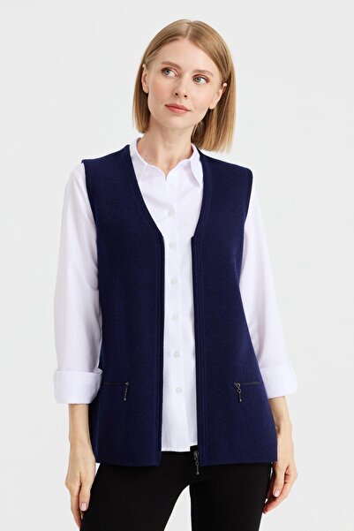 Desen Triko Γυναικείο Πλεκτό Γιλέκο με φερμουάρ από ατσάλι με τσέπη Y.a.navy blue