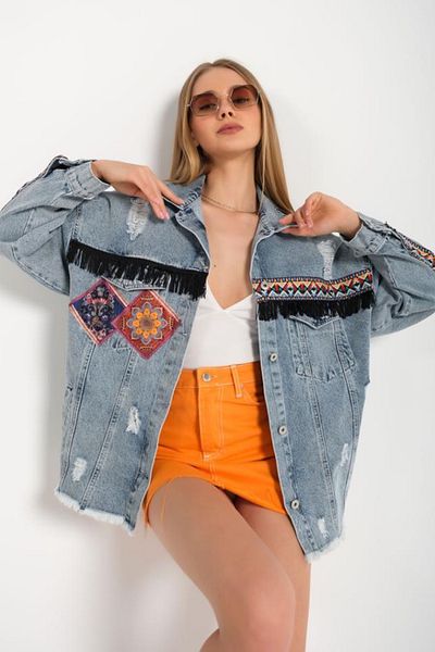 FEMELLE Jachetă de blugi supradimensionată, 100% bumbac, cu model etnic, cu ciucuri