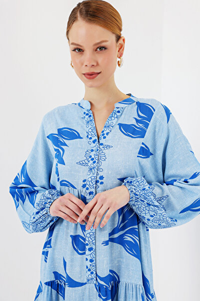 Bigdart 2423 Otantik Desenli Tesettür Elbise - Mavi 9