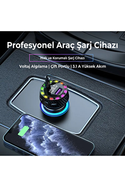 Mega Oto Market Rgb Işıklı 5.3 Bluetoothlu Çakmaklık 30w Usb Type C Hızlı Şarjlı Araç Kiti - Eller Serbest Modlu