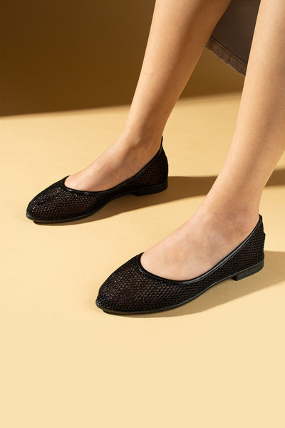 Pembe Potin Women's Ballerinas Black Mesh Lightweight Comfortable Sole Stylish Casual Shoes