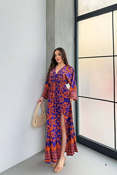 Mezka Turuncu Desenli Kruvaze Yaka Bağcıklı Uzun Kadın Elbise