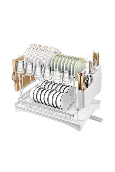 Quasar & Co. Dish Drainer, Knife Holder, Cutlery, Chopping Board, Draining Tray, 42.4x29x30 Cm, Metal, White