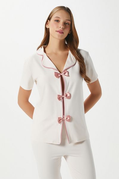 Ritnice Women's Julia Ecru Bow Bottom Top Pajama Set