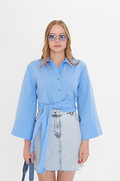 THIFF GYMWEAR Жіноча блузка з широкими манжетами, деталями на рукавах і зав'язкою спереду, з попліну, синього кольору